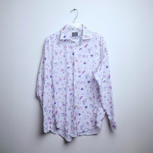 XL Thomas Dean White/Purple Geometric Print Buttondown